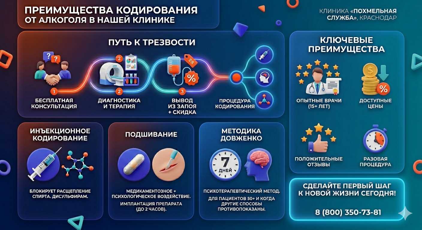Инфографика о методах кодирования от алкоголя в Светлом Яре: инъекции, подшивание, метод Довженко. Преимущества клиники и этапы лечения.